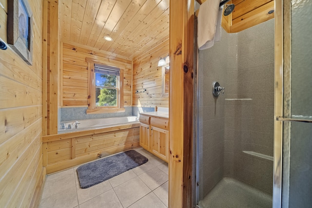 bathroom featuring independent shower and bath, tile patterned floors, wood ceiling, and wood walls