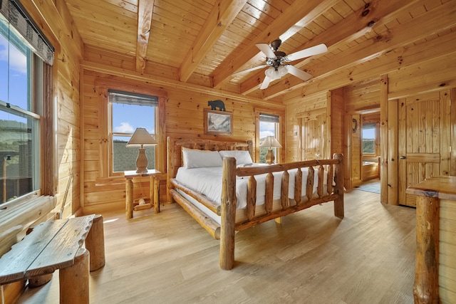 bedroom featuring wood ceiling, wooden walls, ceiling fan, beam ceiling, and light hardwood / wood-style floors