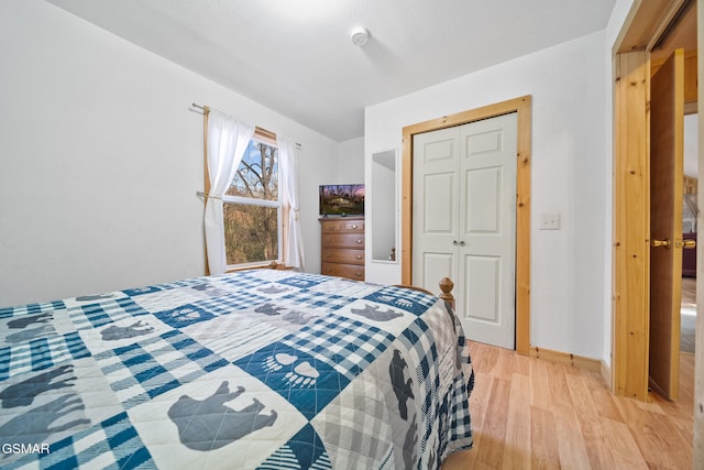 bedroom with a closet and light hardwood / wood-style floors