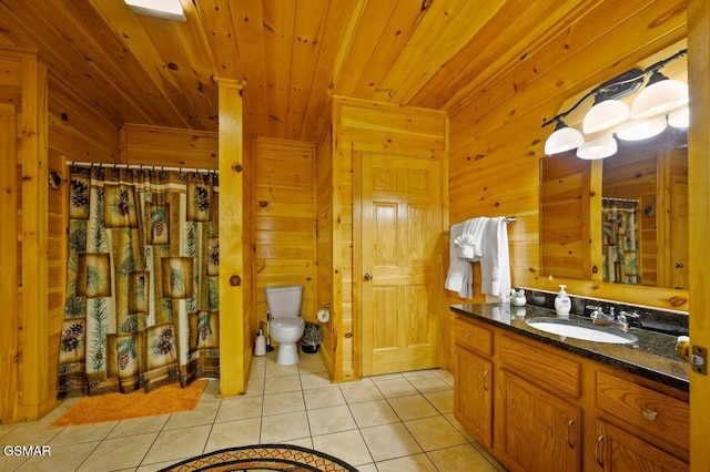 2839 Cedar Falls Way, Sevierville, TN 37862 - full bathroom with tile patterned floors, vanity, wooden walls, curtained shower, and wooden ceiling