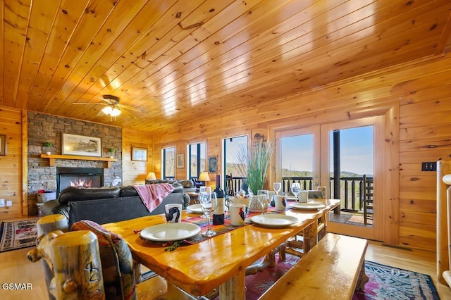 2839 Cedar Falls Way, Sevierville, TN 37862 - dining area featuring wood finished floors, a fireplace, ceiling fan, wood ceiling, and wooden walls