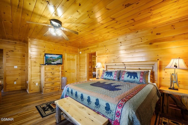 2839 Cedar Falls Way, Sevierville, TN 37862 - bedroom with wooden ceiling, wood-type flooring, wood walls, and ceiling fan