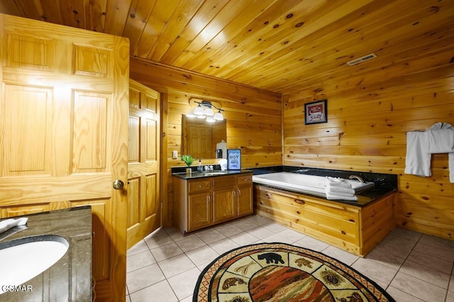 2839 Cedar Falls Way, Sevierville, TN 37862 - bathroom featuring vanity, tile patterned flooring, wooden walls, a garden tub, and wooden ceiling