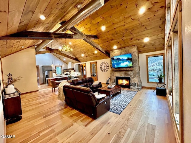 living area with baseboards, a stone fireplace, wood ceiling, light wood-style floors, and beamed ceiling