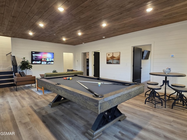 recreation room featuring billiards, wood ceiling, wood finished floors, and wooden walls