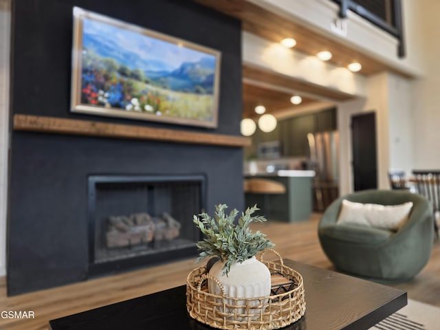 living area featuring a glass covered fireplace and wood finished floors
