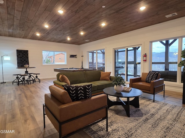 living area with visible vents, recessed lighting, wood finished floors, and wooden ceiling