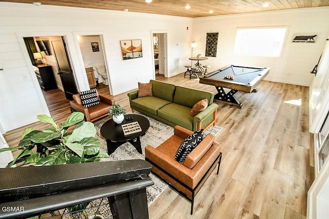 living area featuring wood ceiling, baseboards, recessed lighting, and wood finished floors