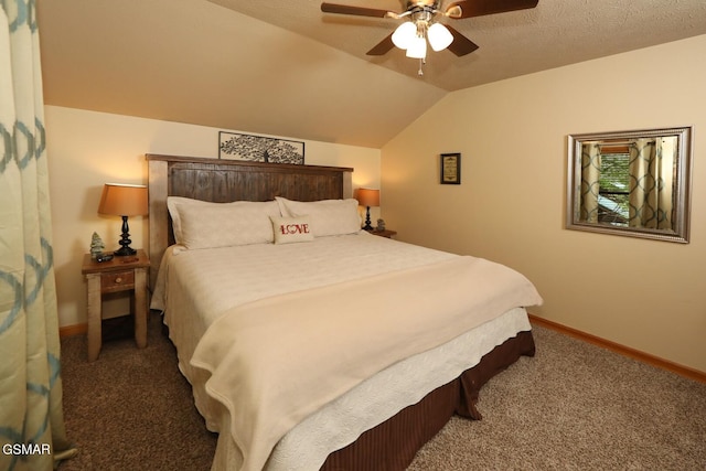 carpeted bedroom featuring ceiling fan and lofted ceiling