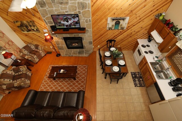 living room with a stone fireplace, wood walls, and sink