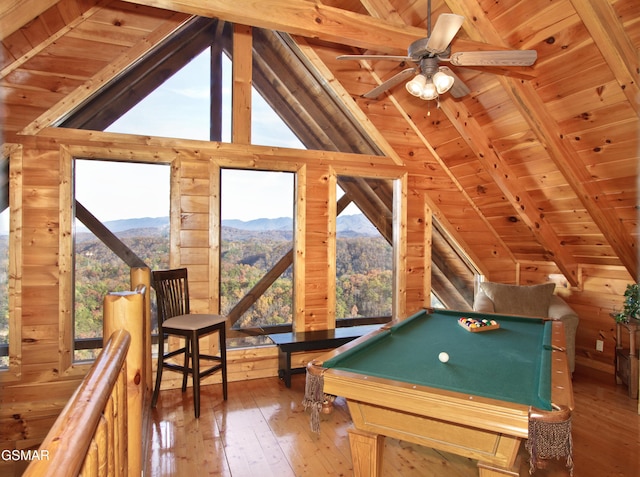 4610 High Vista Way, Pigeon Forge, TN 37863 - rec room featuring a mountain view, wood ceiling, billiards, hardwood / wood-style flooring, and healthy amount of natural light