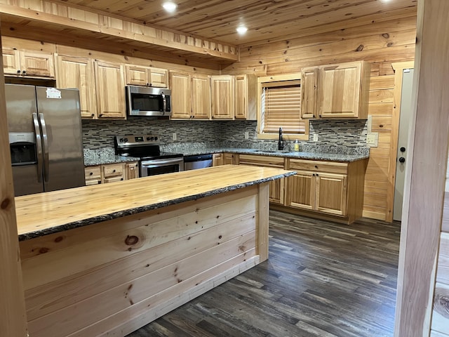 kitchen featuring butcher block countertops, dark hardwood / wood-style floors, light brown cabinets, and appliances with stainless steel finishes