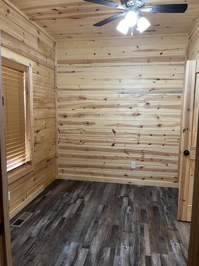 empty room featuring wooden walls, wooden ceiling, and dark hardwood / wood-style floors