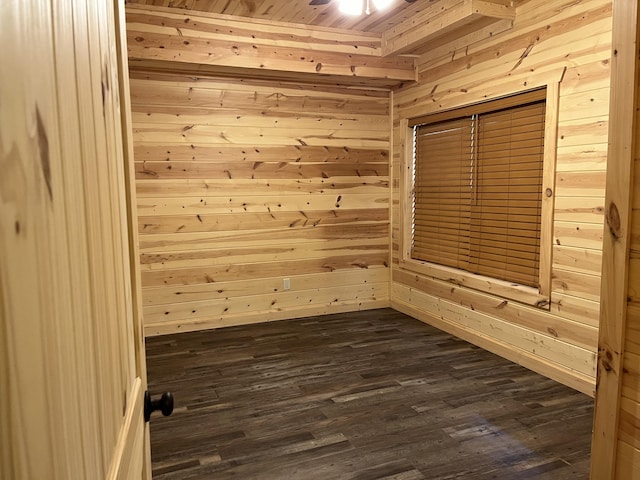 unfurnished room featuring ceiling fan, wooden ceiling, dark wood-type flooring, and wooden walls