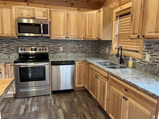 kitchen with decorative backsplash, stainless steel appliances, dark wood-type flooring, and sink