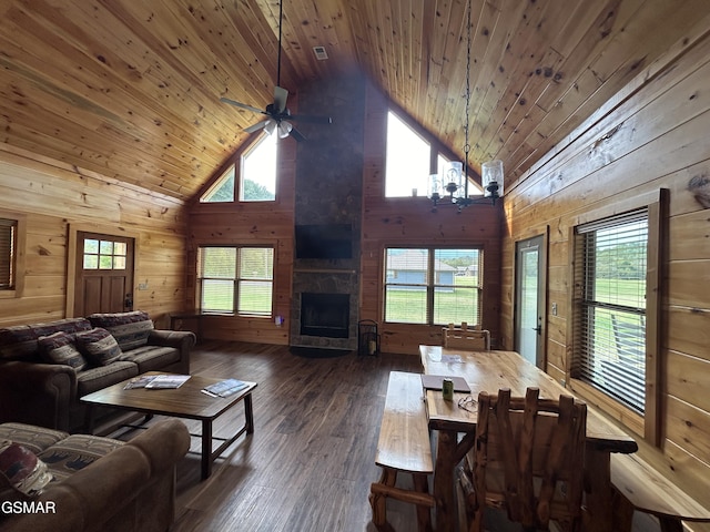 living room featuring high vaulted ceiling, wooden ceiling, and a stone fireplace