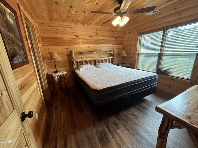 bedroom featuring ceiling fan, dark wood-type flooring, wood ceiling, and wood walls