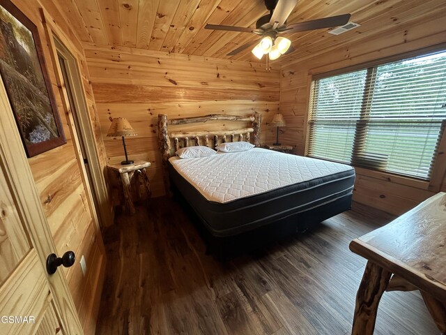 bedroom with dark wood-type flooring, ceiling fan, wooden ceiling, and wood walls