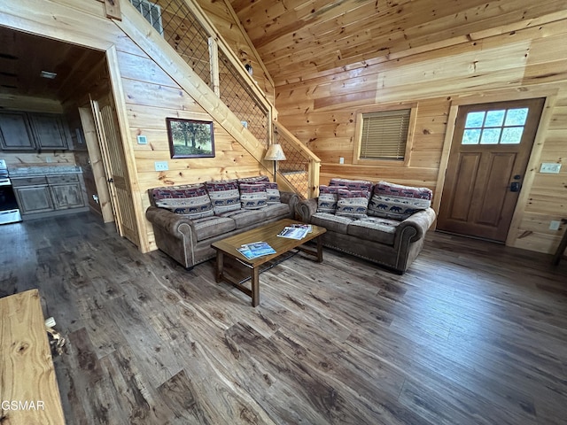 living room with wooden ceiling, dark hardwood / wood-style floors, and wooden walls