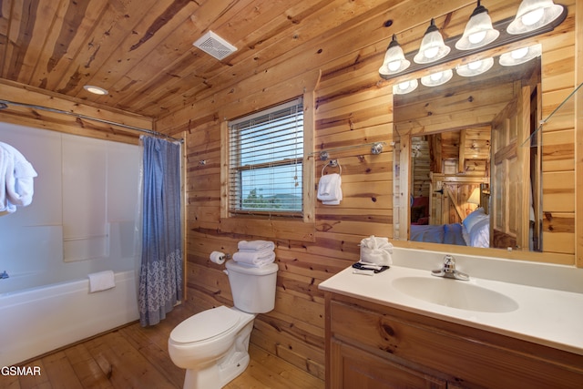 full bathroom featuring vanity, shower / bath combo, wooden ceiling, toilet, and wooden walls