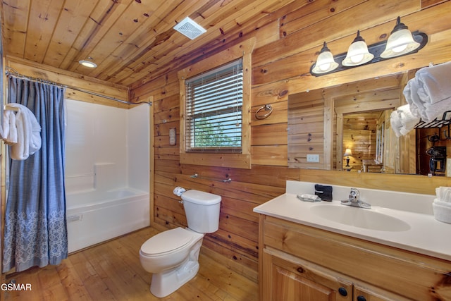 full bathroom with toilet, shower / bath combo with shower curtain, wood ceiling, hardwood / wood-style floors, and vanity