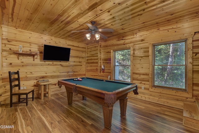 recreation room with wood-type flooring, wooden walls, ceiling fan, wood ceiling, and pool table