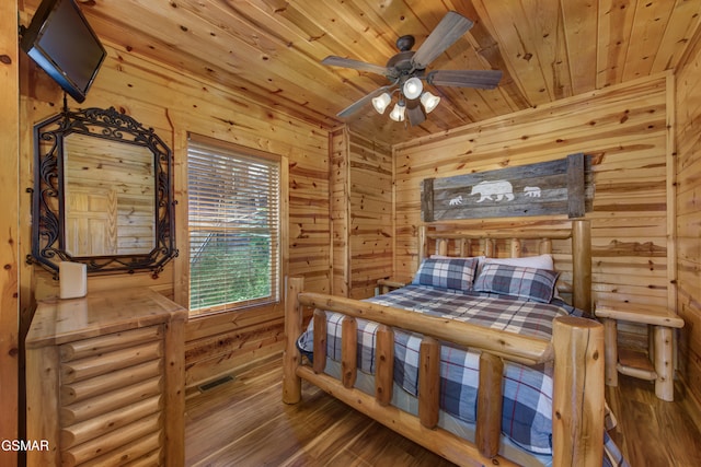 bedroom featuring wooden walls, hardwood / wood-style floors, and wooden ceiling