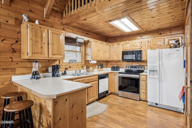 kitchen featuring sink, wood ceiling, white appliances, a breakfast bar area, and kitchen peninsula