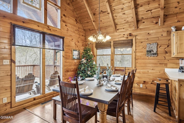 dining room with wood ceiling, beam ceiling, light wood-type flooring, and wood walls