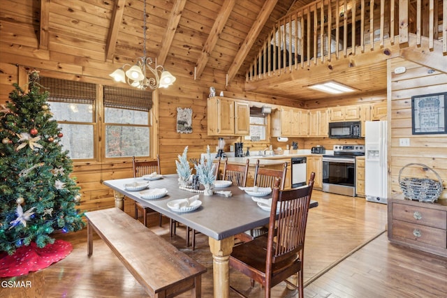 dining space with wood walls, beamed ceiling, wood ceiling, an inviting chandelier, and light hardwood / wood-style flooring