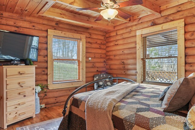 1706 Springer Rd, Sevierville, TN 37862 - bedroom featuring rustic walls, beamed ceiling, wood finished floors, and wood ceiling
