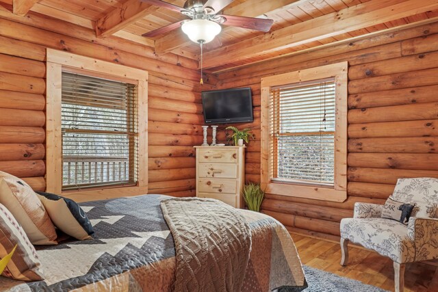 1706 Springer Rd, Sevierville, TN 37862 - bedroom with rustic walls, wooden ceiling, beamed ceiling, and wood finished floors
