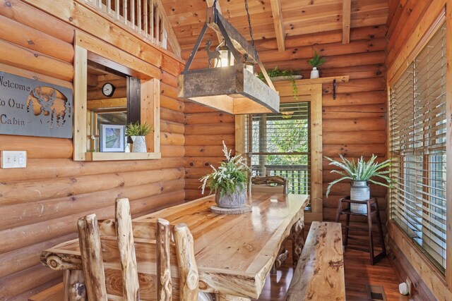 1706 Springer Rd, Sevierville, TN 37862 - unfurnished dining area featuring wooden ceiling, lofted ceiling with beams, wood finished floors, rustic walls, and visible vents