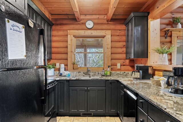 1706 Springer Rd, Sevierville, TN 37862 - kitchen with beam ceiling, a sink, light stone counters, black appliances, and wooden ceiling