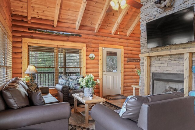 1706 Springer Rd, Sevierville, TN 37862 - living area with lofted ceiling with beams, a fireplace, wood finished floors, a ceiling fan, and wooden ceiling