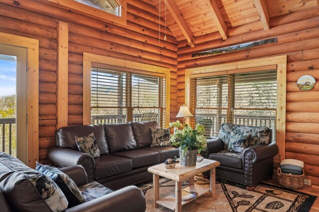 1706 Springer Rd, Sevierville, TN 37862 - living area featuring beamed ceiling, high vaulted ceiling, log walls, and wooden ceiling