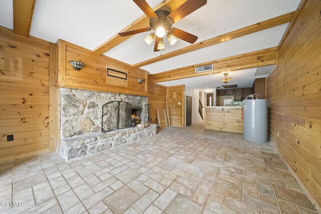 260 Roaring Fork Rd Unit 217, Gatlinburg, TN 37738 - unfurnished living room with a fireplace, visible vents, wood walls, and beamed ceiling