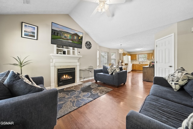 1733 Snapp Rd, Sevierville, TN 37862 - living room with wood finished floors, ceiling fan, vaulted ceiling, and a fireplace