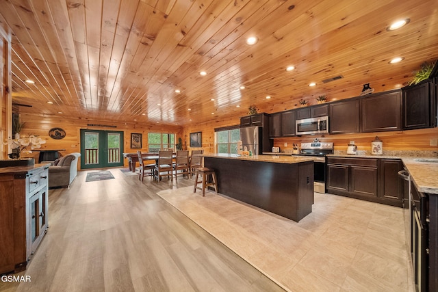 kitchen featuring appliances with stainless steel finishes, a center island, wooden walls, and wooden ceiling