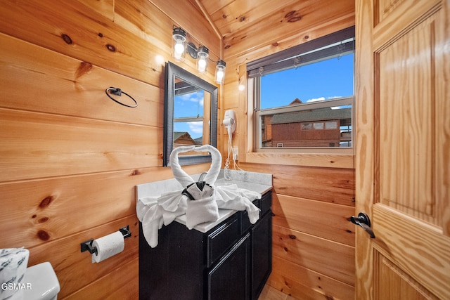 bathroom with wooden walls, vanity, and toilet