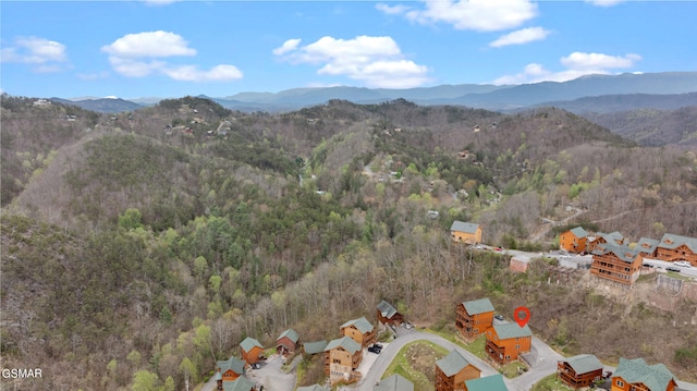 drone / aerial view featuring a mountain view