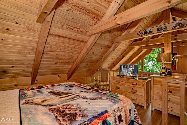 bedroom with lofted ceiling with beams, wood walls, wood finished floors, and wood ceiling