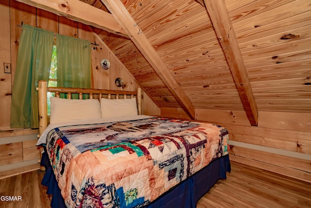 bedroom featuring wooden ceiling, wooden walls, and wood finished floors