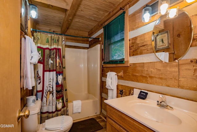 bathroom with toilet, wooden ceiling, shower / bath combo with shower curtain, and vanity