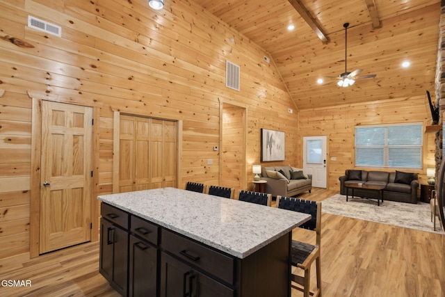1010 Pinyon Cir, Pigeon Forge, TN 37863 - kitchen with a kitchen bar, high vaulted ceiling, wooden ceiling, ceiling fan, and light wood-style floors