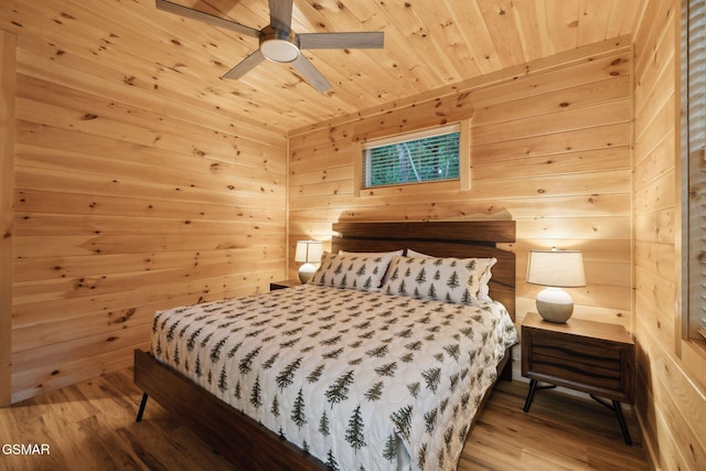 1010 Pinyon Cir, Pigeon Forge, TN 37863 - bedroom featuring wooden walls, wooden ceiling, wood finished floors, and a ceiling fan