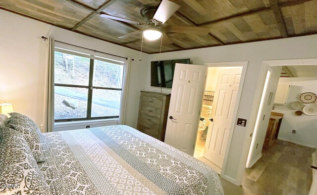 bedroom featuring wooden ceiling and a ceiling fan