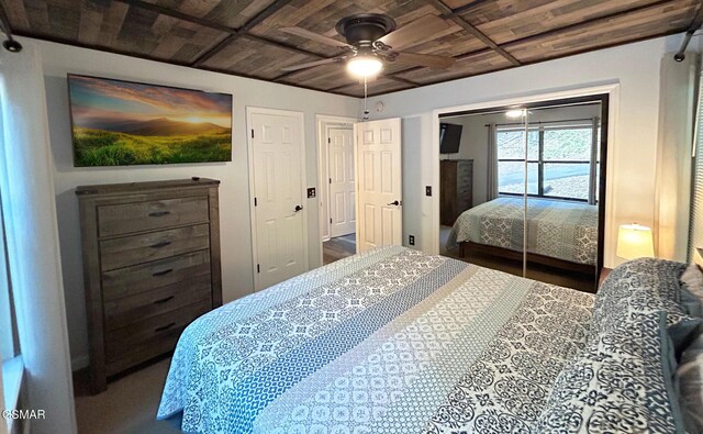 bedroom featuring wooden ceiling and ceiling fan