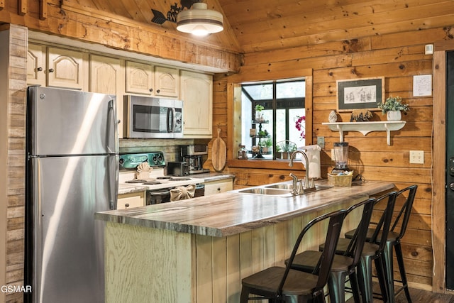 1514 Ridgecrest Dr, Sevierville, TN 37876 - kitchen with appliances with stainless steel finishes, a sink, lofted ceiling, wooden ceiling, and wooden walls