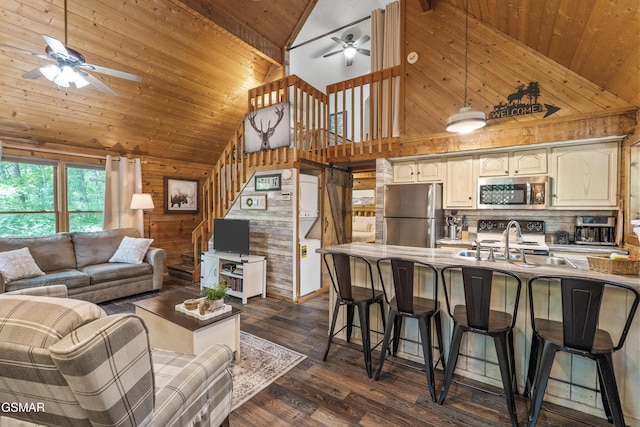 1514 Ridgecrest Dr, Sevierville, TN 37876 - living area with a ceiling fan, wood walls, high vaulted ceiling, wood ceiling, and dark wood-style floors